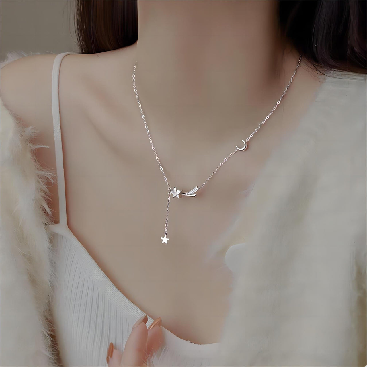 Dainty CZ Inlaid Meteor Star Moon Phase Necklace - ArtGalleryZen