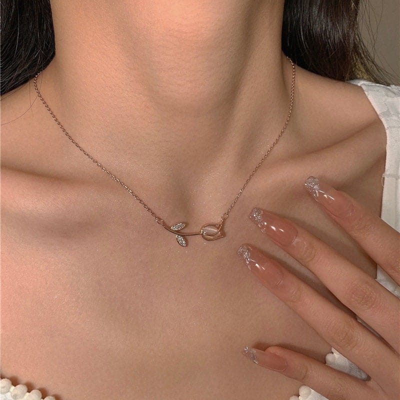 Dainty CZ Inlaid Natural Opal Tulip Chain Necklace - ArtGalleryZen