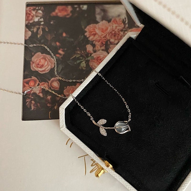 Dainty CZ Inlaid Natural Opal Tulip Chain Necklace - ArtGalleryZen