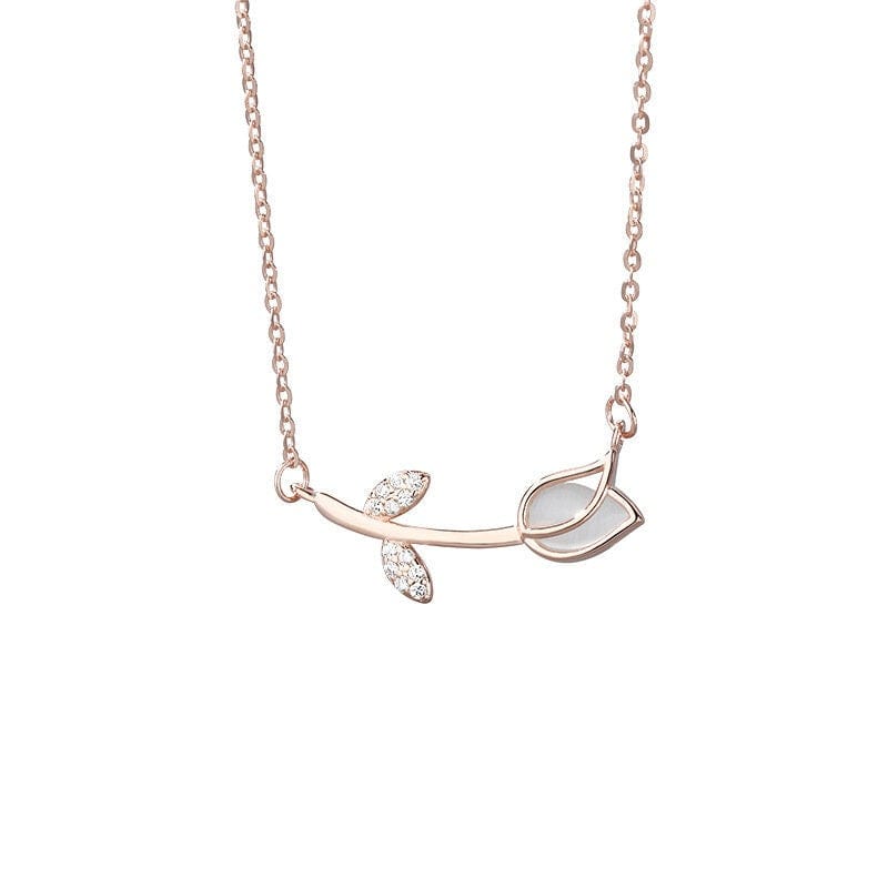 Dainty CZ Inlaid Natural Opal Tulip Chain Necklace - ArtGalleryZen