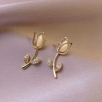 Thumbnail for Dainty CZ Inlaid Natural Opal Tulip Earrings - ArtGalleryZen