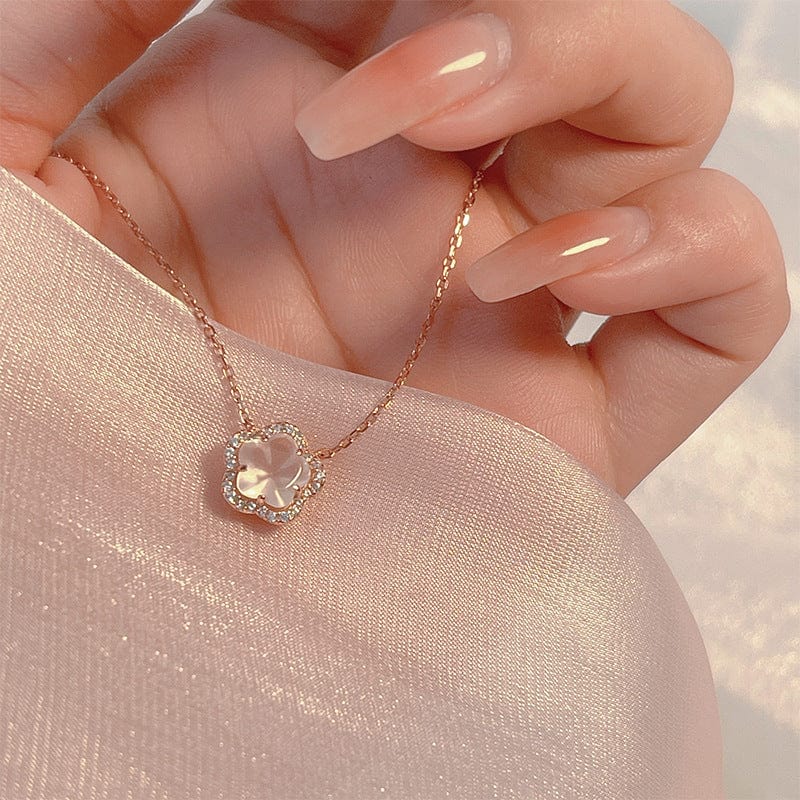 Dainty CZ Inlaid Pink Cherry Blossom Necklace - ArtGalleryZen