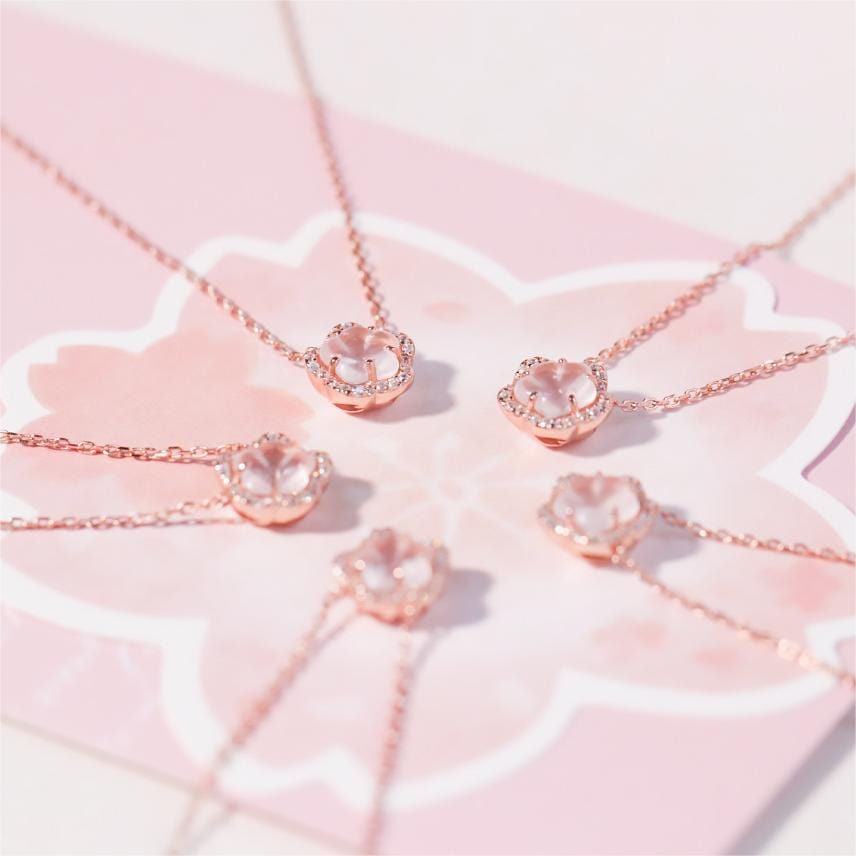 Dainty CZ Inlaid Pink Cherry Blossom Necklace - ArtGalleryZen