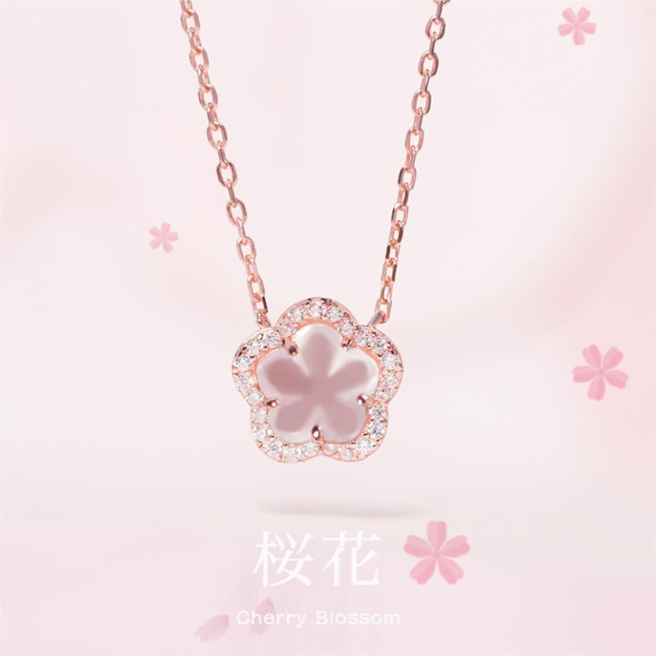 Dainty CZ Inlaid Pink Cherry Blossom Necklace - ArtGalleryZen