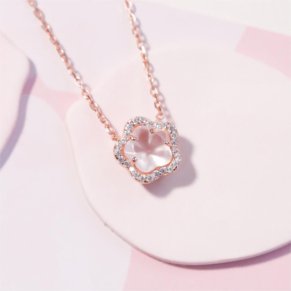 Dainty CZ Inlaid Pink Cherry Blossom Necklace - ArtGalleryZen
