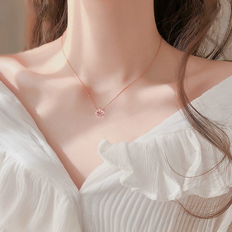 Dainty CZ Inlaid Pink Cherry Blossom Necklace - ArtGalleryZen