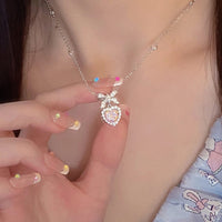 Thumbnail for Dainty CZ Inlaid Pink Crystal Bowknot Heart Necklace - ArtGalleryZen