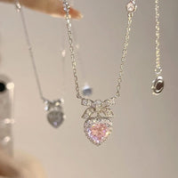 Thumbnail for Dainty CZ Inlaid Pink Crystal Bowknot Heart Necklace - ArtGalleryZen