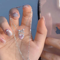 Thumbnail for Dainty CZ Inlaid Pink Crystal Bowknot Heart Necklace - ArtGalleryZen