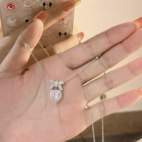 Thumbnail for Dainty CZ Inlaid Pink Crystal Bowknot Heart Necklace - ArtGalleryZen