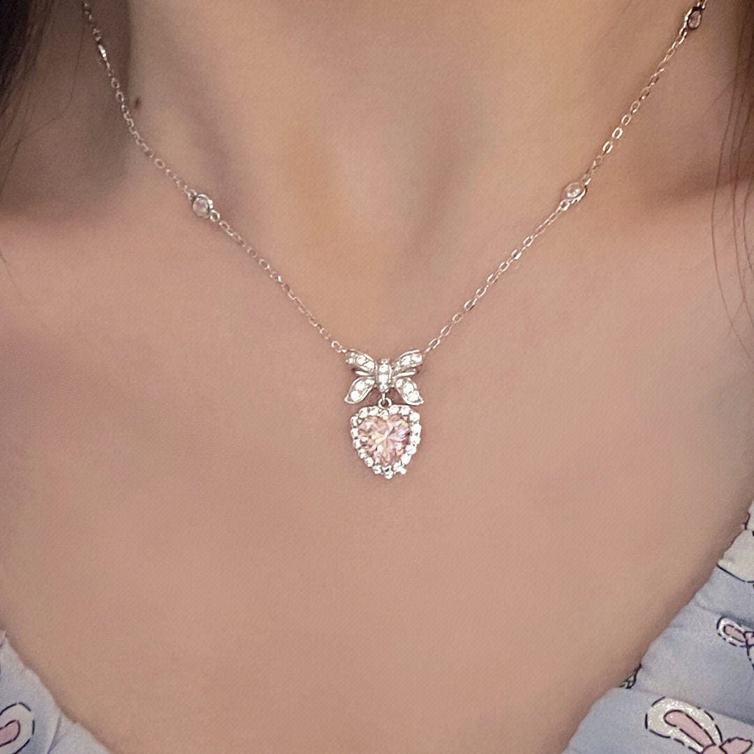 Dainty CZ Inlaid Pink Crystal Bowknot Heart Necklace - ArtGalleryZen