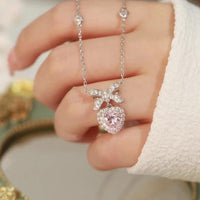 Thumbnail for Dainty CZ Inlaid Pink Crystal Bowknot Heart Necklace - ArtGalleryZen