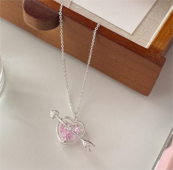 Dainty CZ Inlaid Pink Crystal Cupid Arrow Heart Necklace - ArtGalleryZen