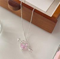 Thumbnail for Dainty CZ Inlaid Pink Crystal Cupid Arrow Heart Necklace - ArtGalleryZen
