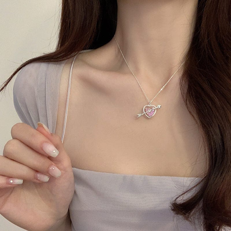 Dainty CZ Inlaid Pink Crystal Cupid Arrow Heart Necklace - ArtGalleryZen