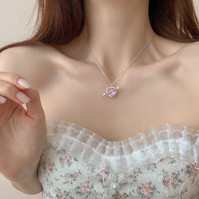 Dainty CZ Inlaid Pink Crystal Cupid Arrow Heart Necklace - ArtGalleryZen
