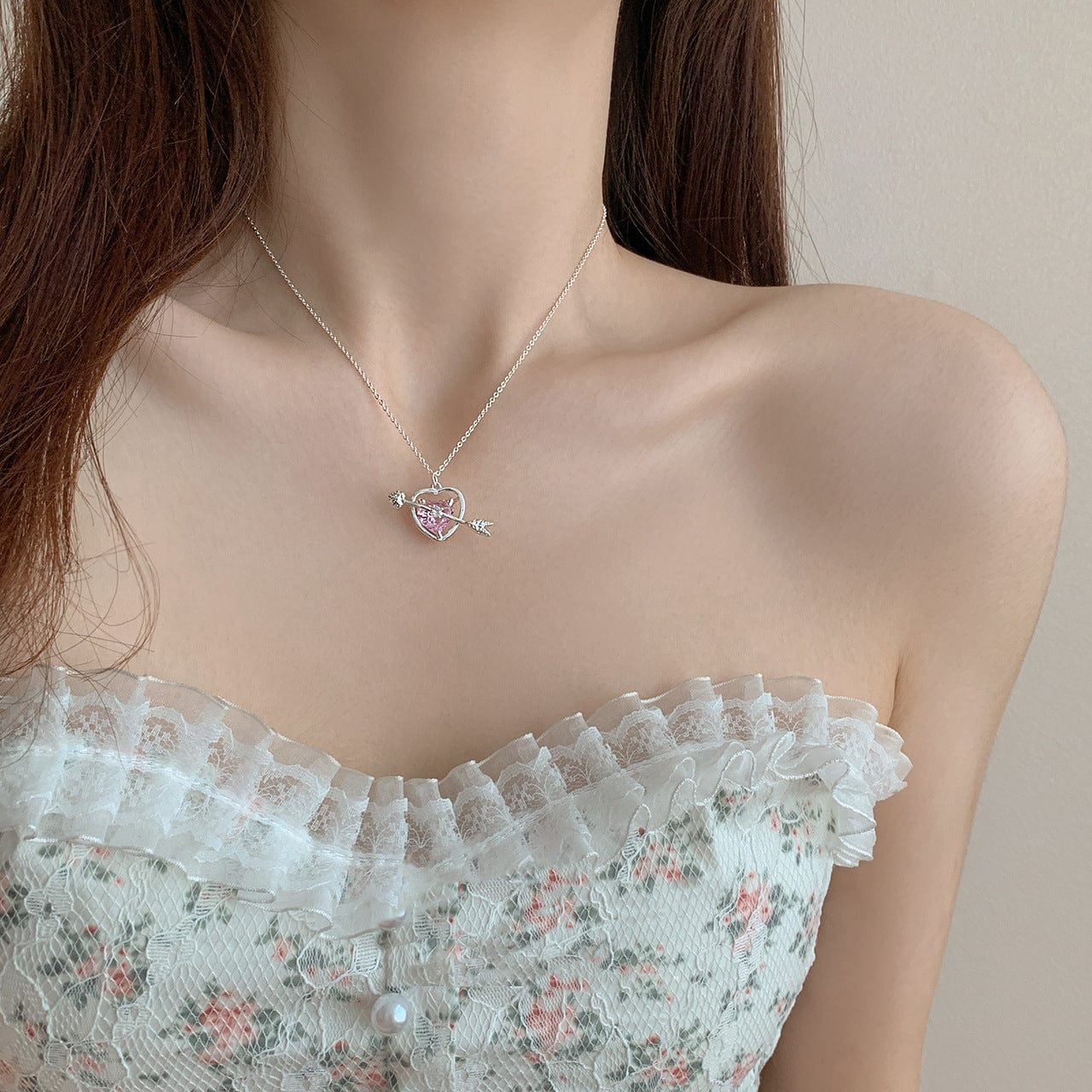 Dainty CZ Inlaid Pink Crystal Cupid Arrow Heart Necklace - ArtGalleryZen