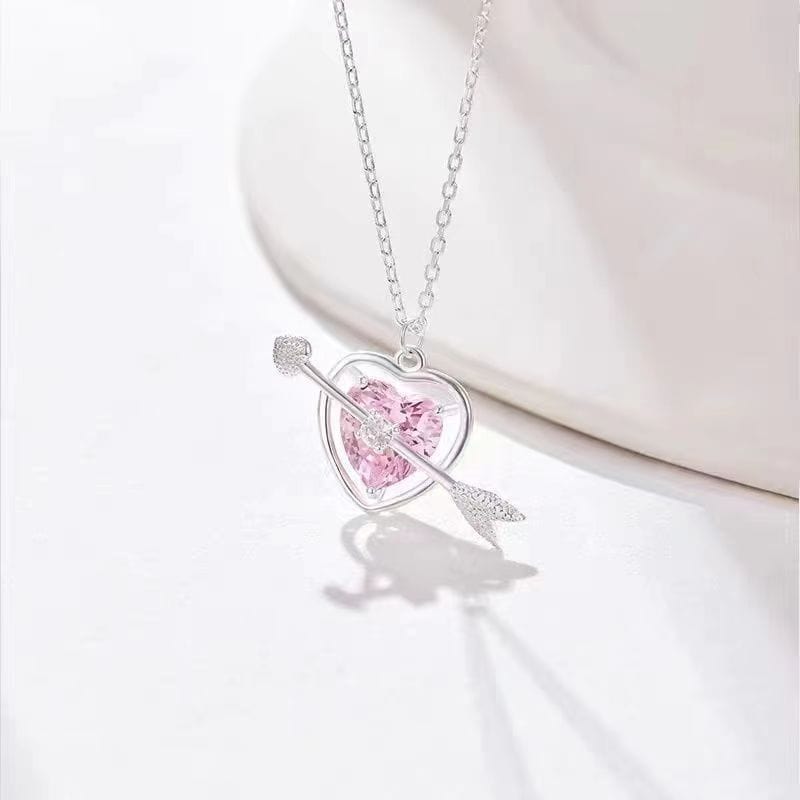 Dainty CZ Inlaid Pink Crystal Cupid Arrow Heart Necklace - ArtGalleryZen