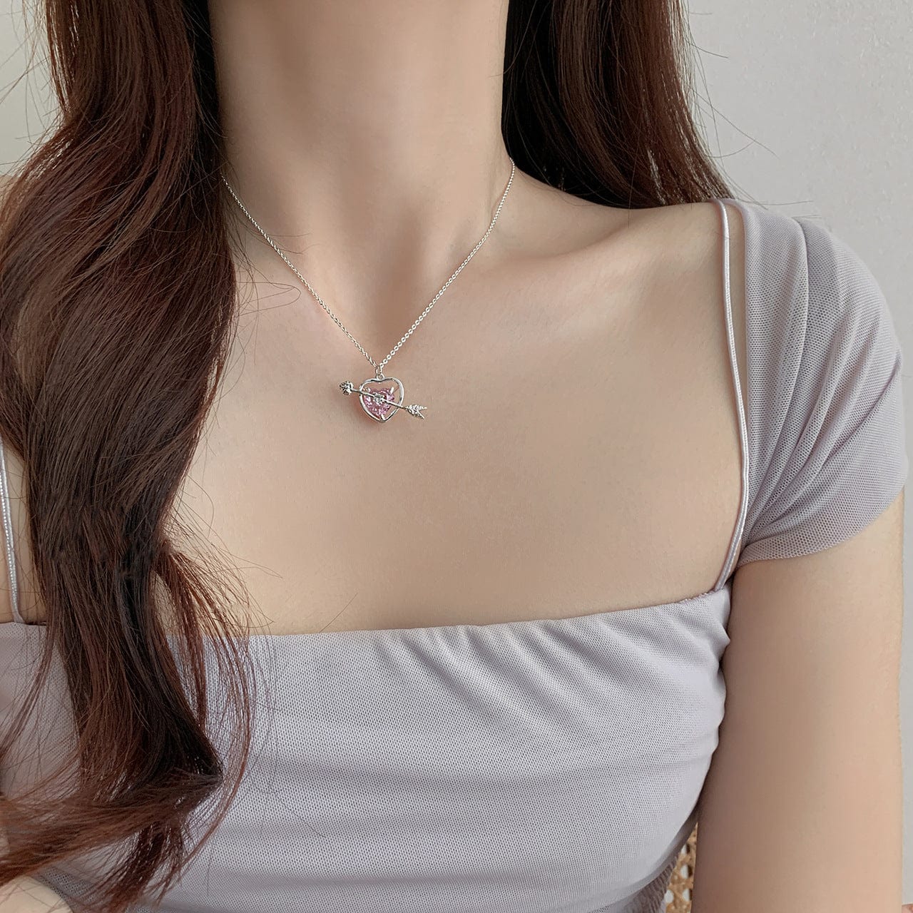 Dainty CZ Inlaid Pink Crystal Cupid Arrow Heart Necklace - ArtGalleryZen