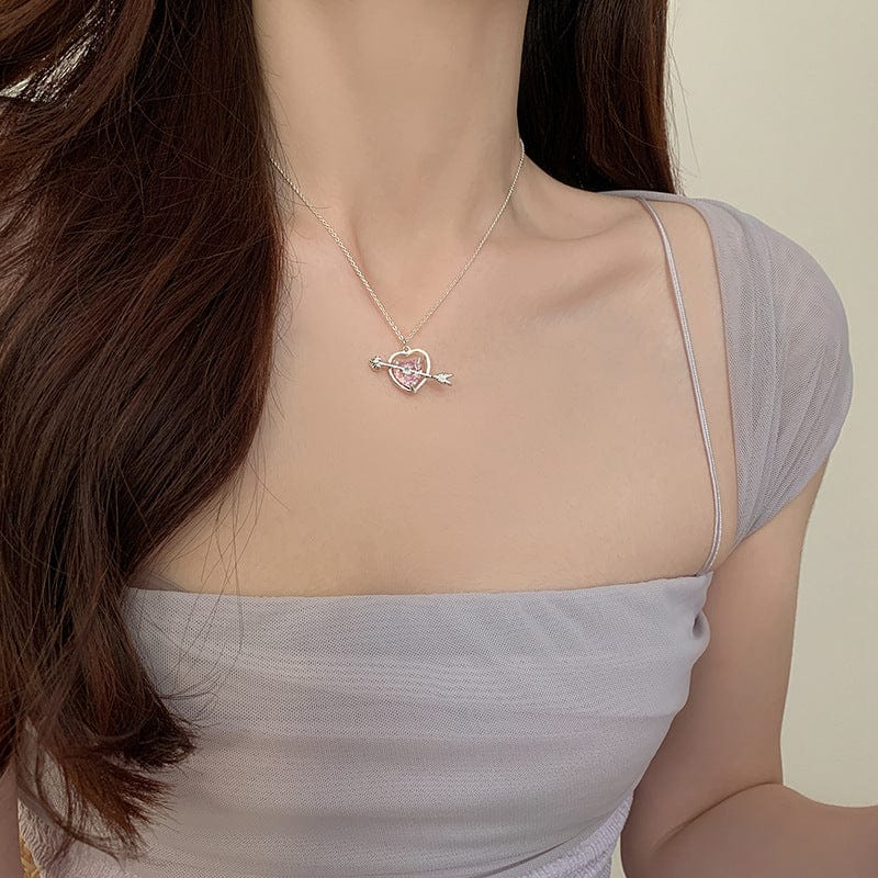 Dainty CZ Inlaid Pink Crystal Cupid Arrow Heart Necklace - ArtGalleryZen