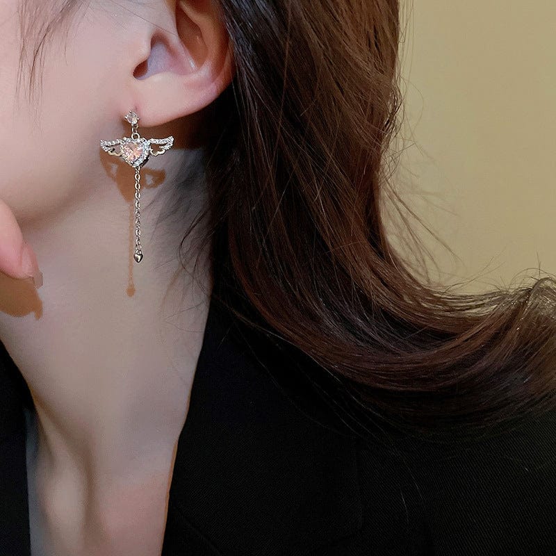 Dainty CZ Inlaid Pink Crystal Cupid Heart Wings Earrings - ArtGalleryZen