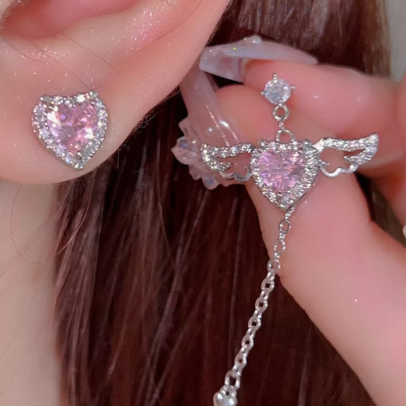 Dainty CZ Inlaid Pink Crystal Cupid Heart Wings Earrings - ArtGalleryZen