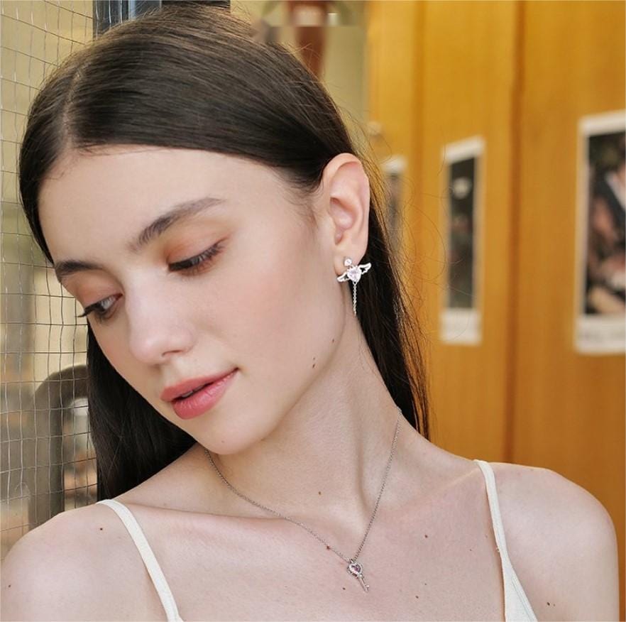 Dainty CZ Inlaid Pink Crystal Cupid Heart Wings Earrings - ArtGalleryZen