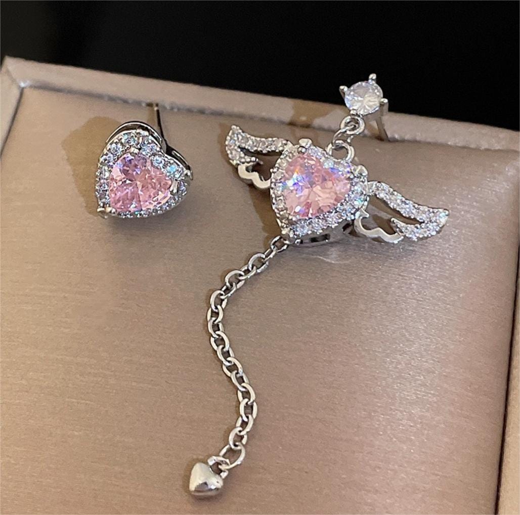 Dainty CZ Inlaid Pink Crystal Cupid Heart Wings Earrings - ArtGalleryZen