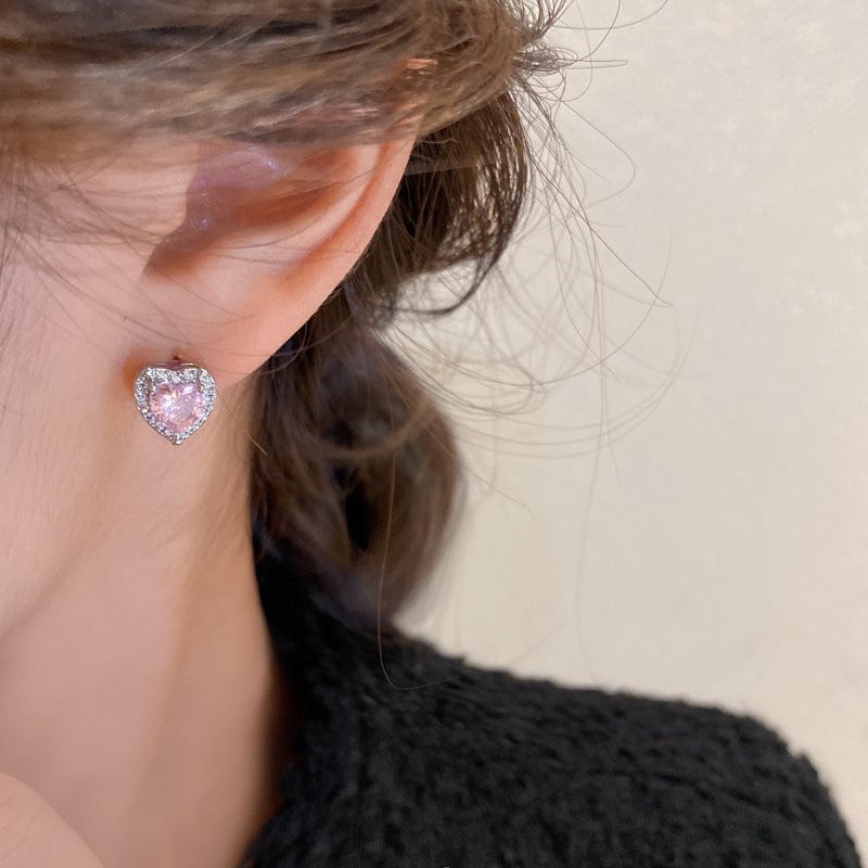 Dainty CZ Inlaid Pink Crystal Cupid Heart Wings Earrings - ArtGalleryZen