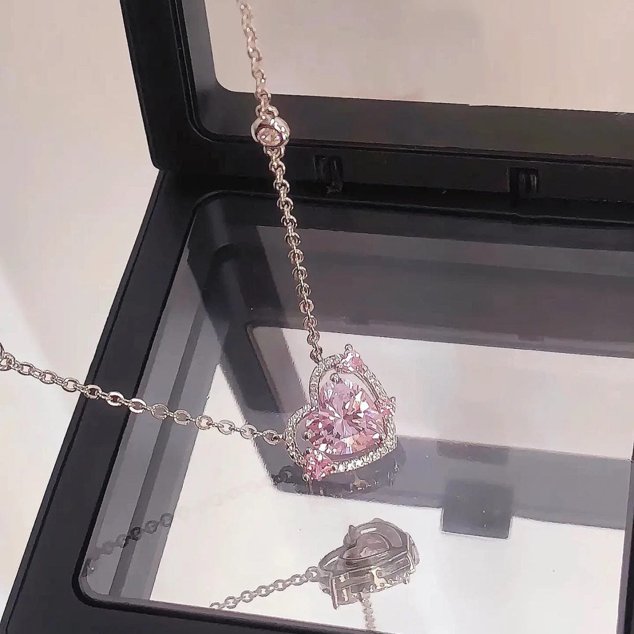 Dainty CZ Inlaid Pink Crystal Heart Necklace - ArtGalleryZen