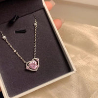 Thumbnail for Dainty CZ Inlaid Pink Crystal Heart Necklace - ArtGalleryZen