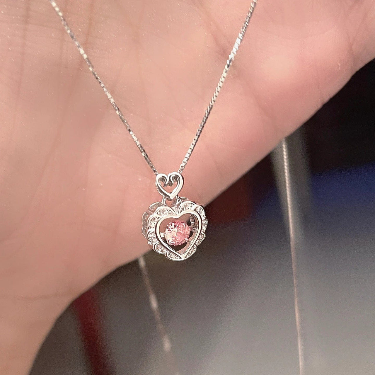 Dainty CZ Inlaid Pink Crystal Rolling Heart Pendant Necklace - ArtGalleryZen