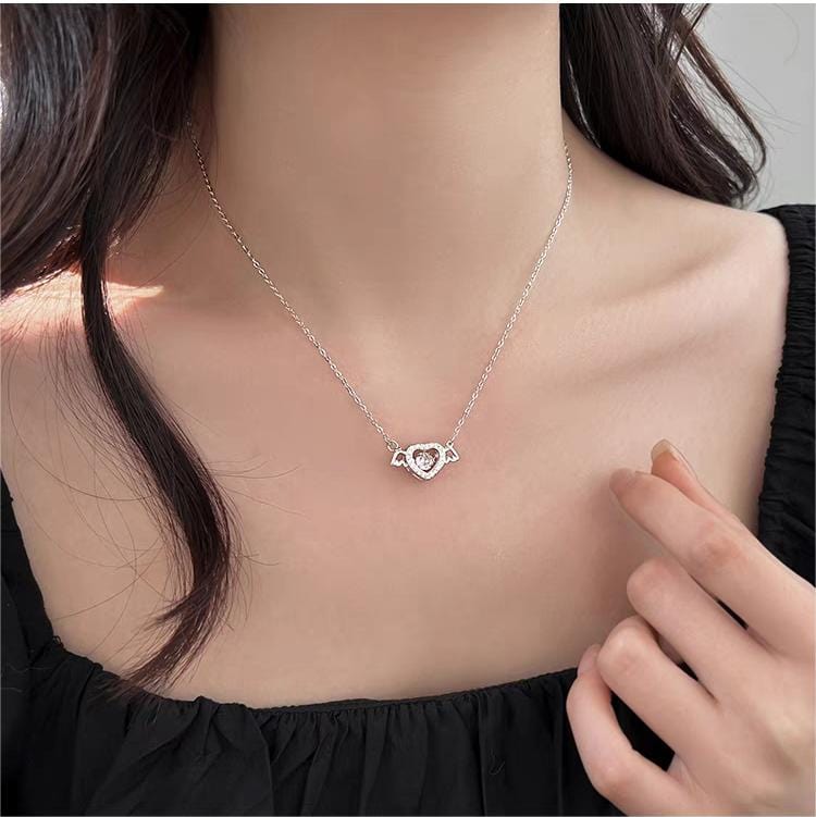 Dainty CZ Inlaid Rolling Crystal Angel Heart Wings Necklace - ArtGalleryZen