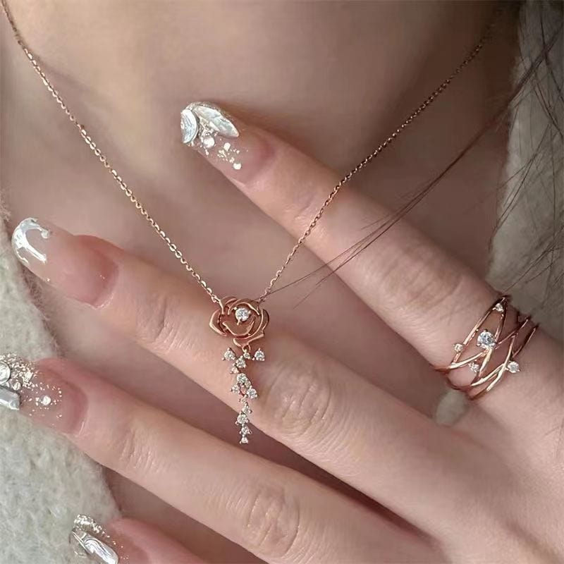 Dainty CZ Inlaid Rose Necklace - ArtGalleryZen