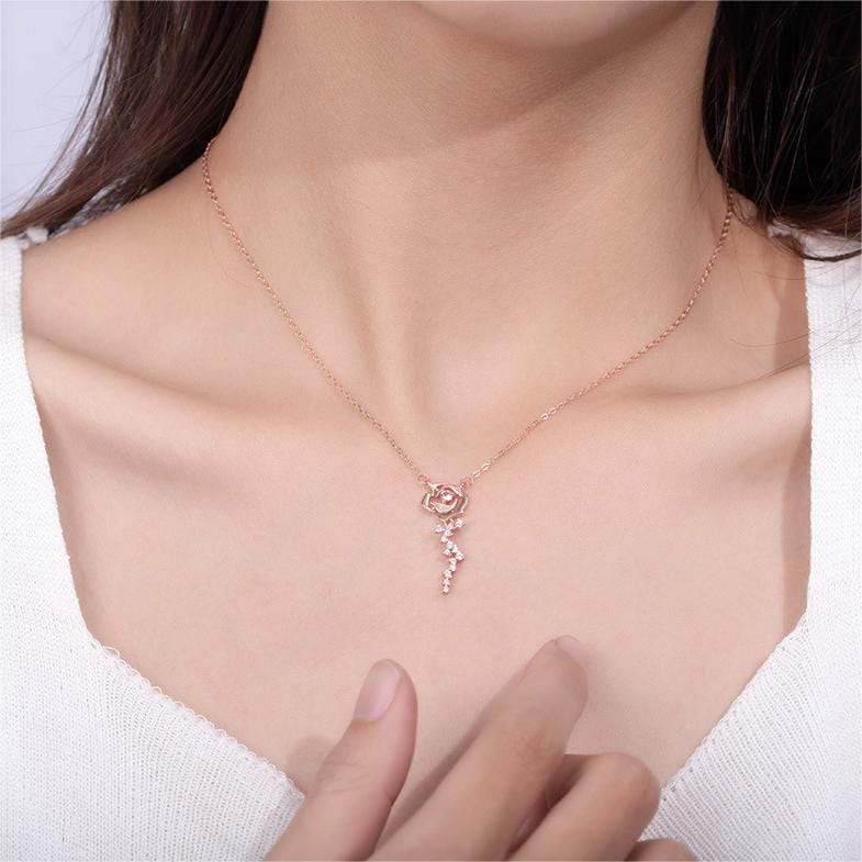 Dainty CZ Inlaid Rose Necklace - ArtGalleryZen