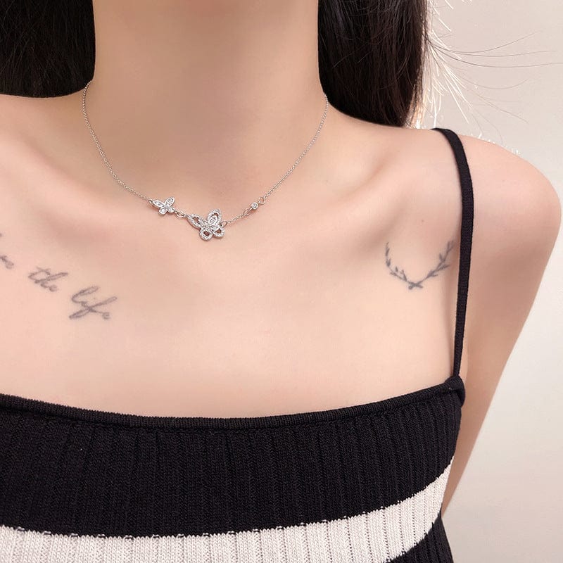 Dainty CZ Inlaid S925 Sterling Silver Duo Butterfly Necklace - ArtGalleryZen