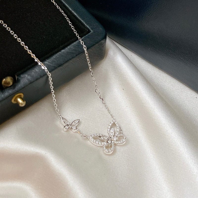 Dainty CZ Inlaid S925 Sterling Silver Duo Butterfly Necklace - ArtGalleryZen