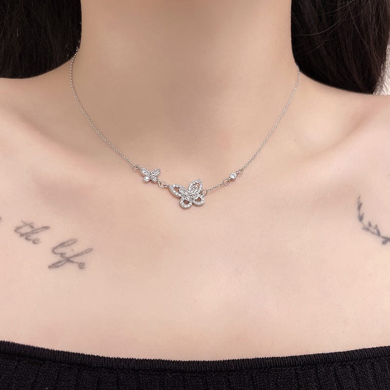 Dainty CZ Inlaid S925 Sterling Silver Duo Butterfly Necklace - ArtGalleryZen