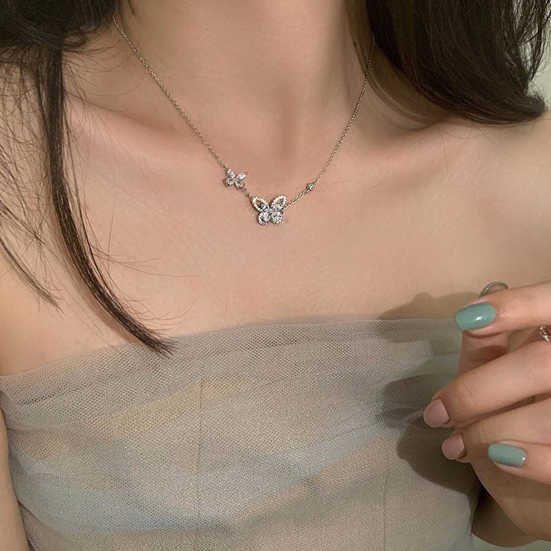 Dainty CZ Inlaid S925 Sterling Silver Duo Butterfly Necklace - ArtGalleryZen