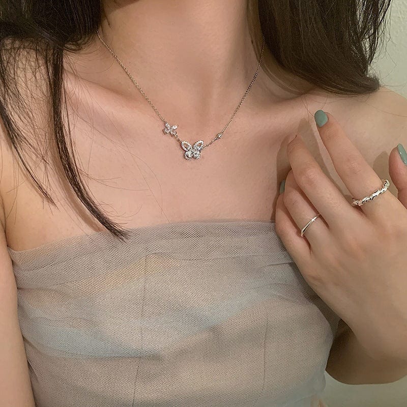 Dainty CZ Inlaid S925 Sterling Silver Duo Butterfly Necklace - ArtGalleryZen