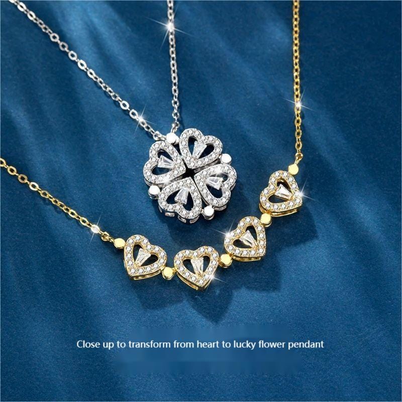 Dainty CZ Inlaid Transformable Lucky Flower Heart Pendant Necklace - ArtGalleryZen