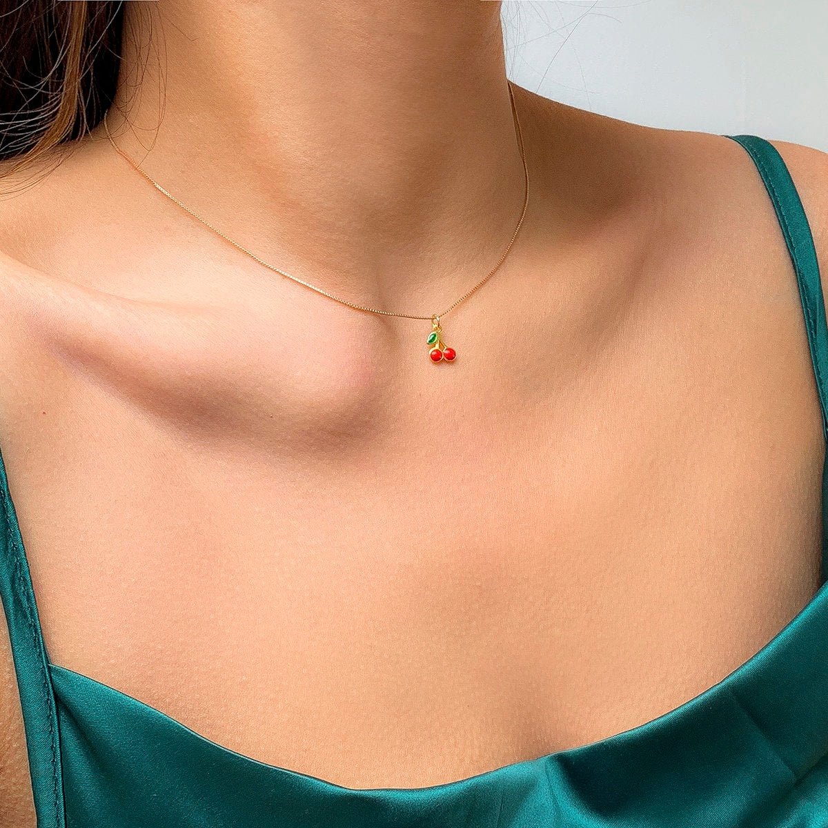 Dainty Enamel Cherry Pendant Box Chain Choker Necklace - ArtGalleryZen