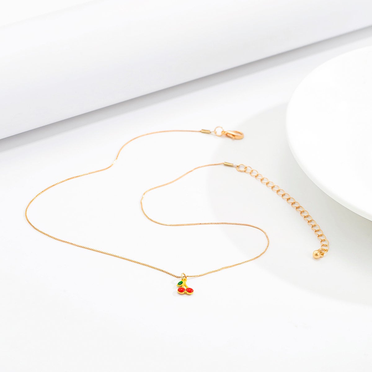 Dainty Enamel Cherry Pendant Box Chain Choker Necklace - ArtGalleryZen