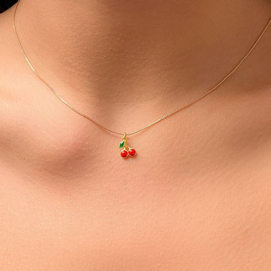 Dainty Enamel Cherry Pendant Box Chain Choker Necklace - ArtGalleryZen