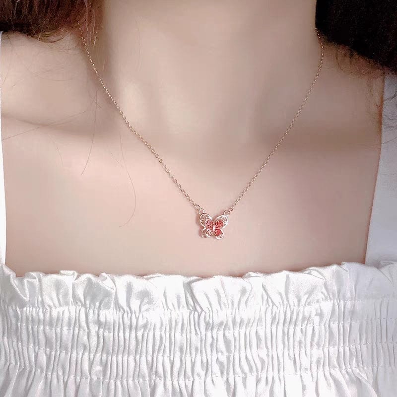 Dainty Enamel Filigree Inlay Butterfly Necklace - ArtGalleryZen