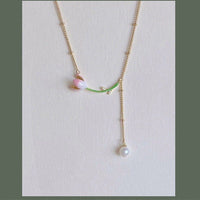 Thumbnail for Dainty Enamel Tulip Pearl Charm Rolo Chain Necklace - ArtGalleryZen