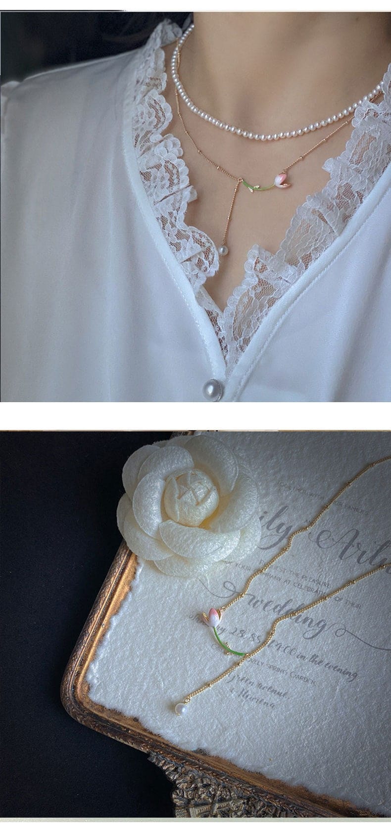 Dainty Enamel Tulip Pearl Charm Rolo Chain Necklace - ArtGalleryZen