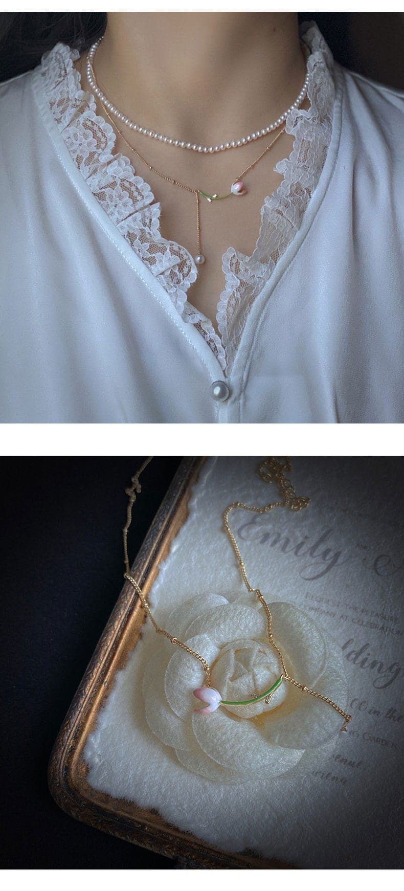 Dainty Enamel Tulip Pearl Charm Rolo Chain Necklace - ArtGalleryZen
