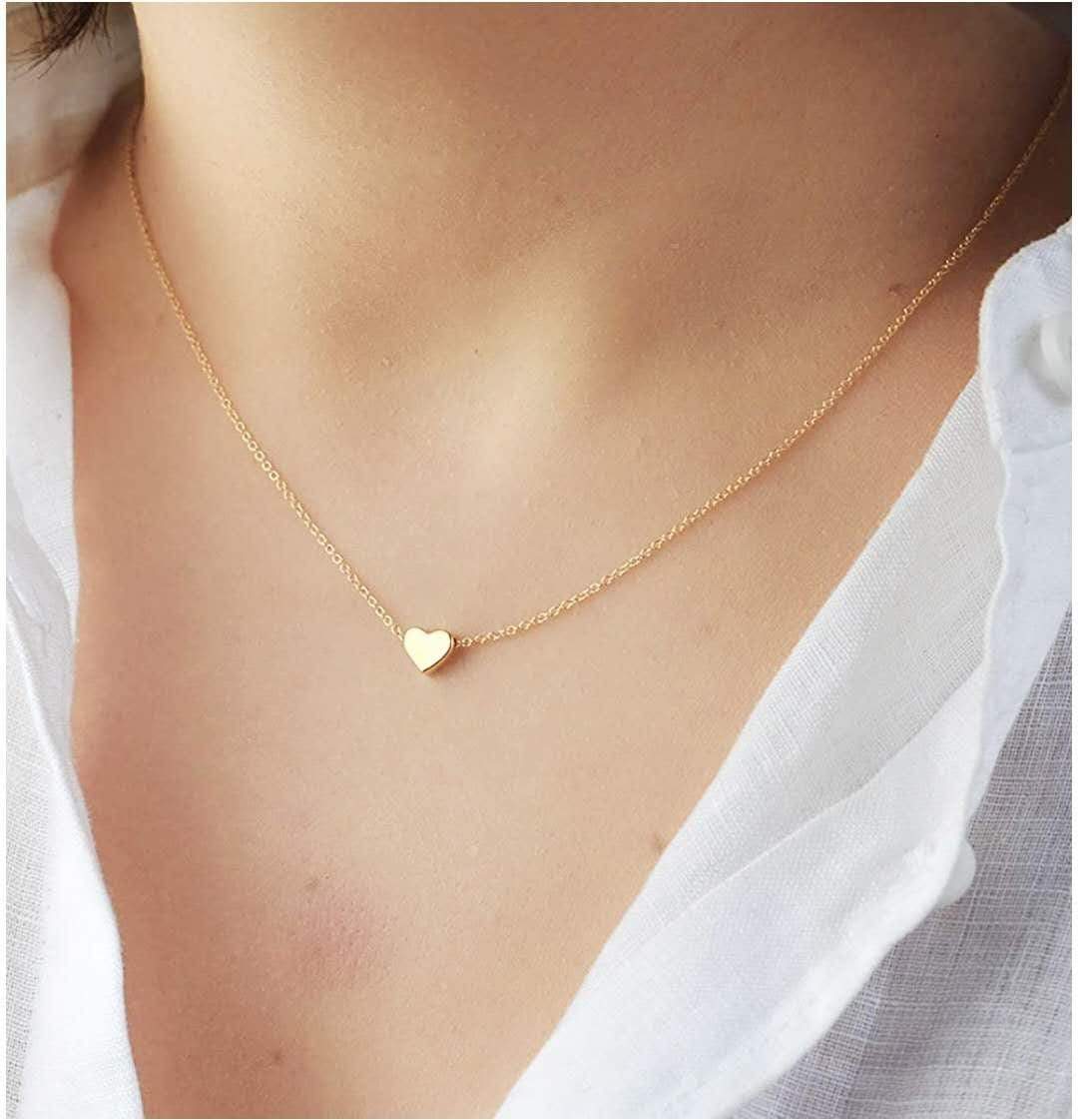 Dainty Gold Silver Tone Heart Necklace - Initial Heart Charm Necklace - Tiny Heart Pendant Necklace - Gold