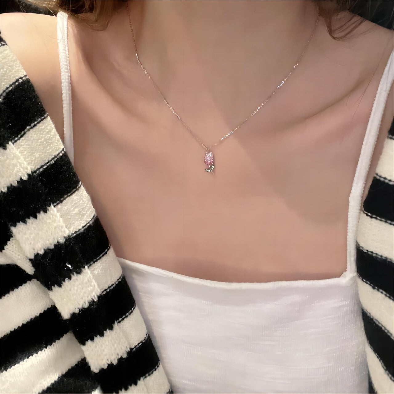 Dainty Handmade CZ Inlaid Pink Tulip Chain Necklace - ArtGalleryZen